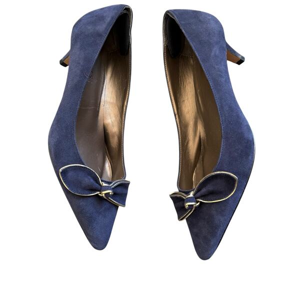 Talbots blue suede Edison gold bow kitten heel 9.5W pointed toe slip on classic - Picture 5 of 10